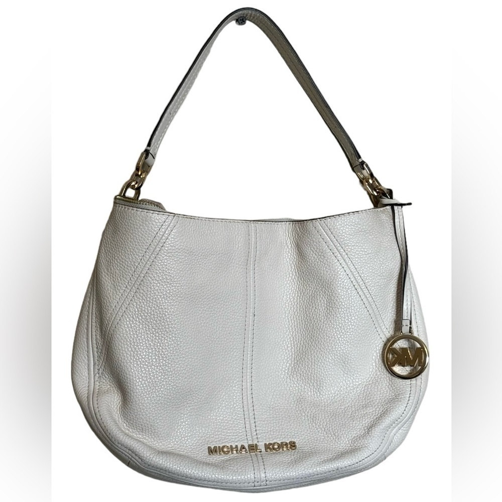 Michael Kors Bedford Hobo Pebbled Leather Purse White Gold Accents